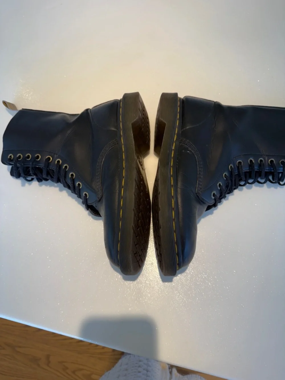 Doc Marten Black Leather Lace-Up Combat Boots with Yellow Stitching 8 - Picture 9 of 15